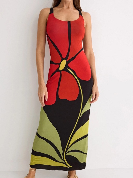Cala De La Cruz Dresses & Skirts - Cala de la Cruz Oversized Floral Maxi Dress Red Black Tropical Resort Bodycon